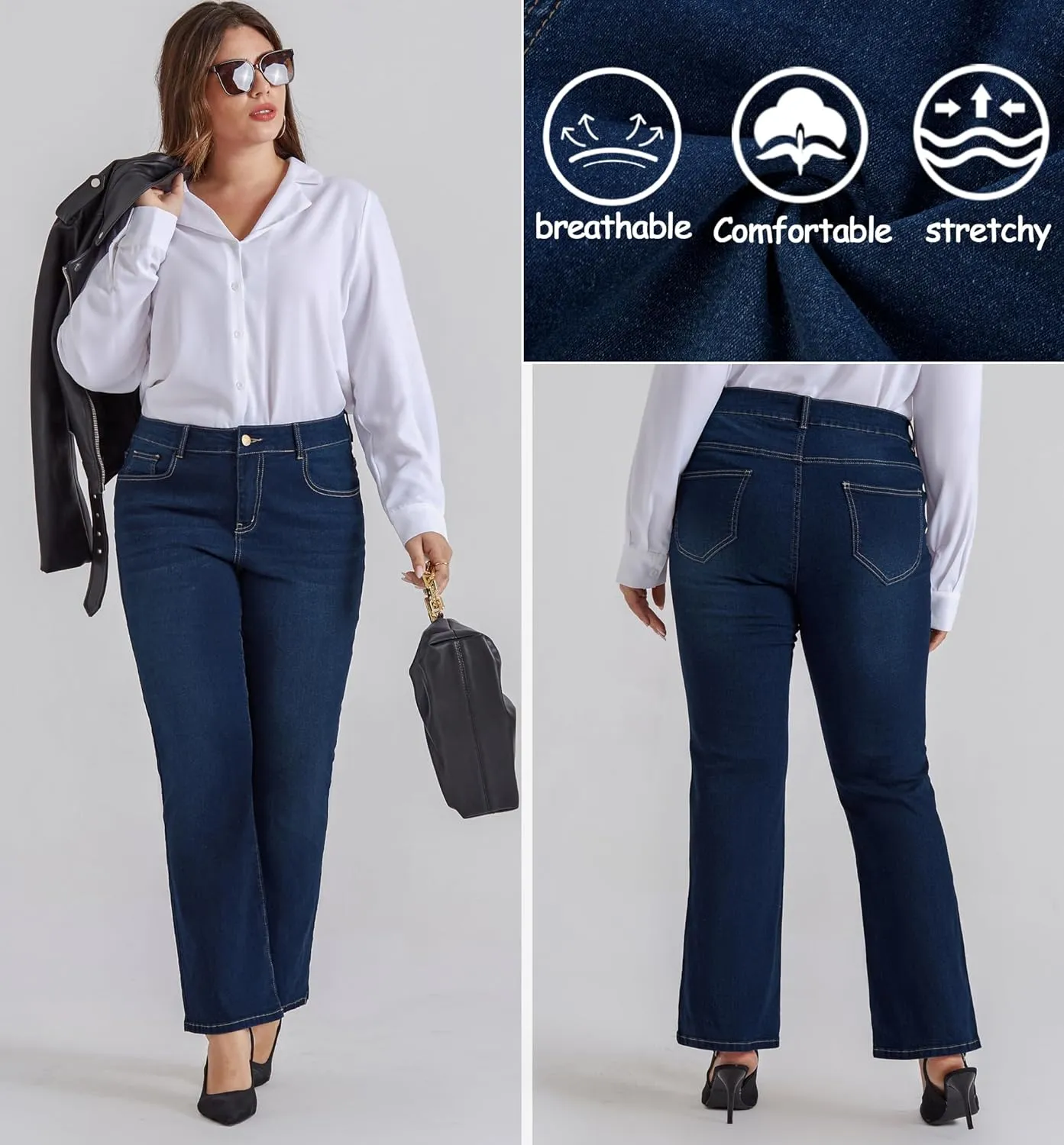 Hanna Nikole Women's Plus Size Wide Flared Jeans High Waisted Stretchy Bell Bottom Denim Jeans with Pockets