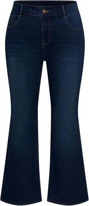 Hanna Nikole Women's Plus Size Wide Flared Jeans High Waisted Stretchy Bell Bottom Denim Jeans with Pockets