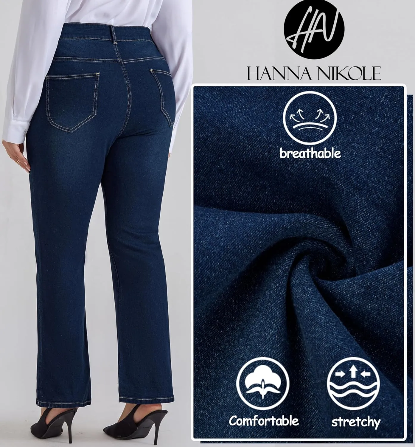 Hanna Nikole Women's Plus Size Wide Flared Jeans High Waisted Stretchy Bell Bottom Denim Jeans with Pockets