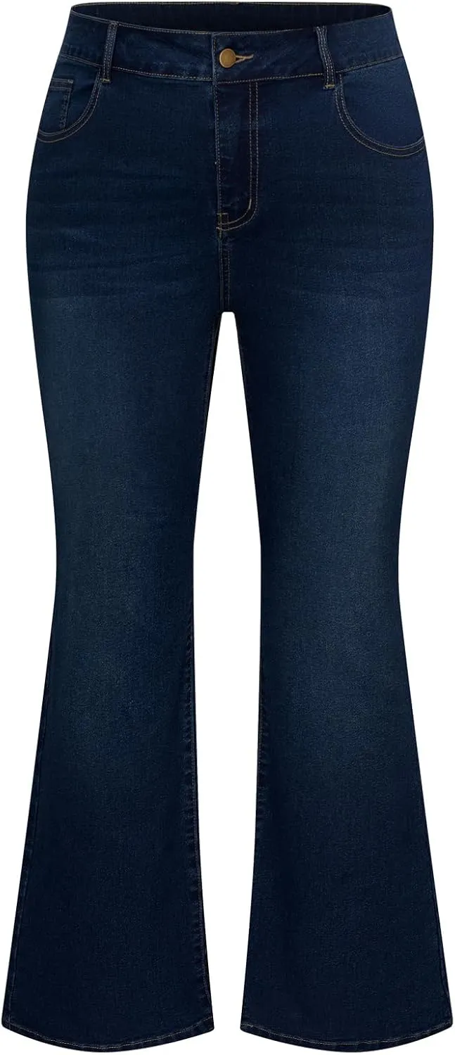 Hanna Nikole Women's Plus Size Wide Flared Jeans High Waisted Stretchy Bell Bottom Denim Jeans with Pockets