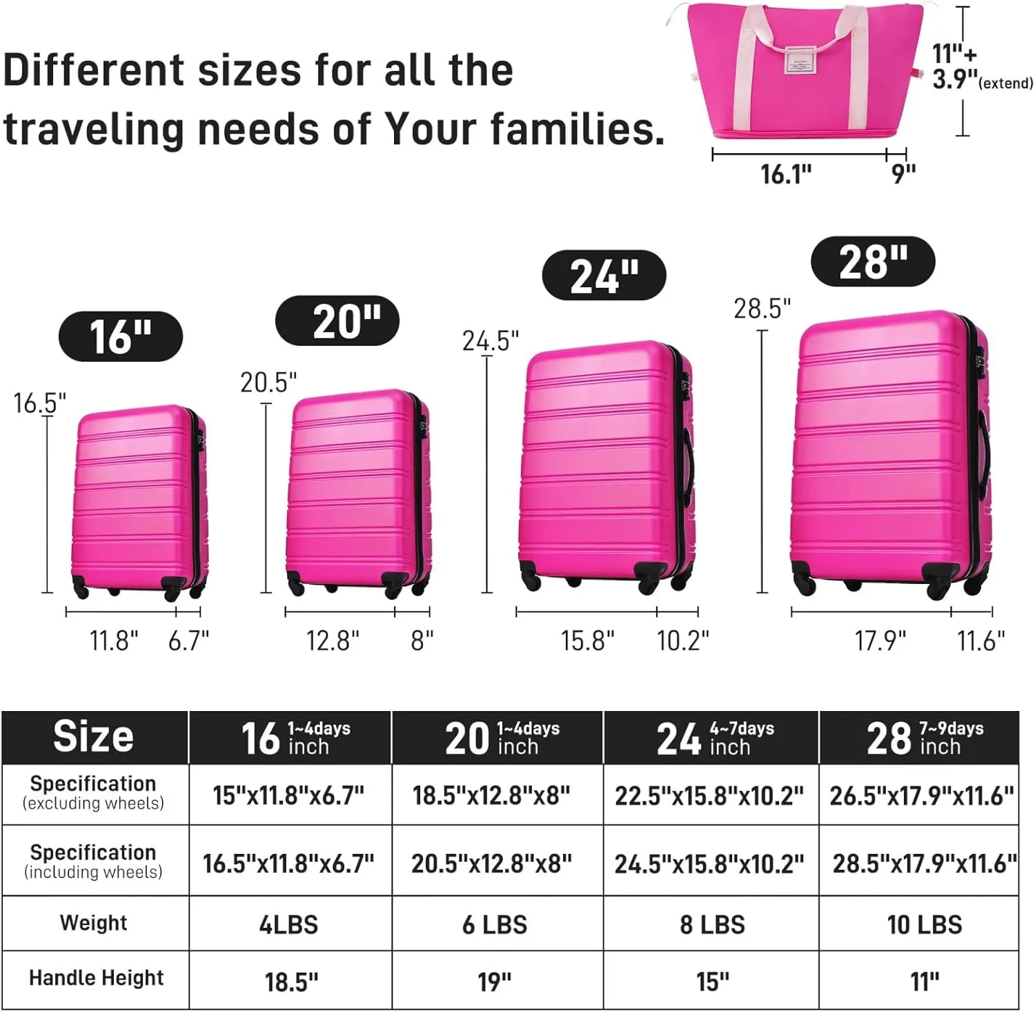 Hard Shell Luggage Sets 4 Piece with Bag Spinner Suitcase, Lightweight Hardside Rolling Suitcase Set with Spinner Wheels and TSA Lock (Hot Pink, 16" 20" 24" 28")