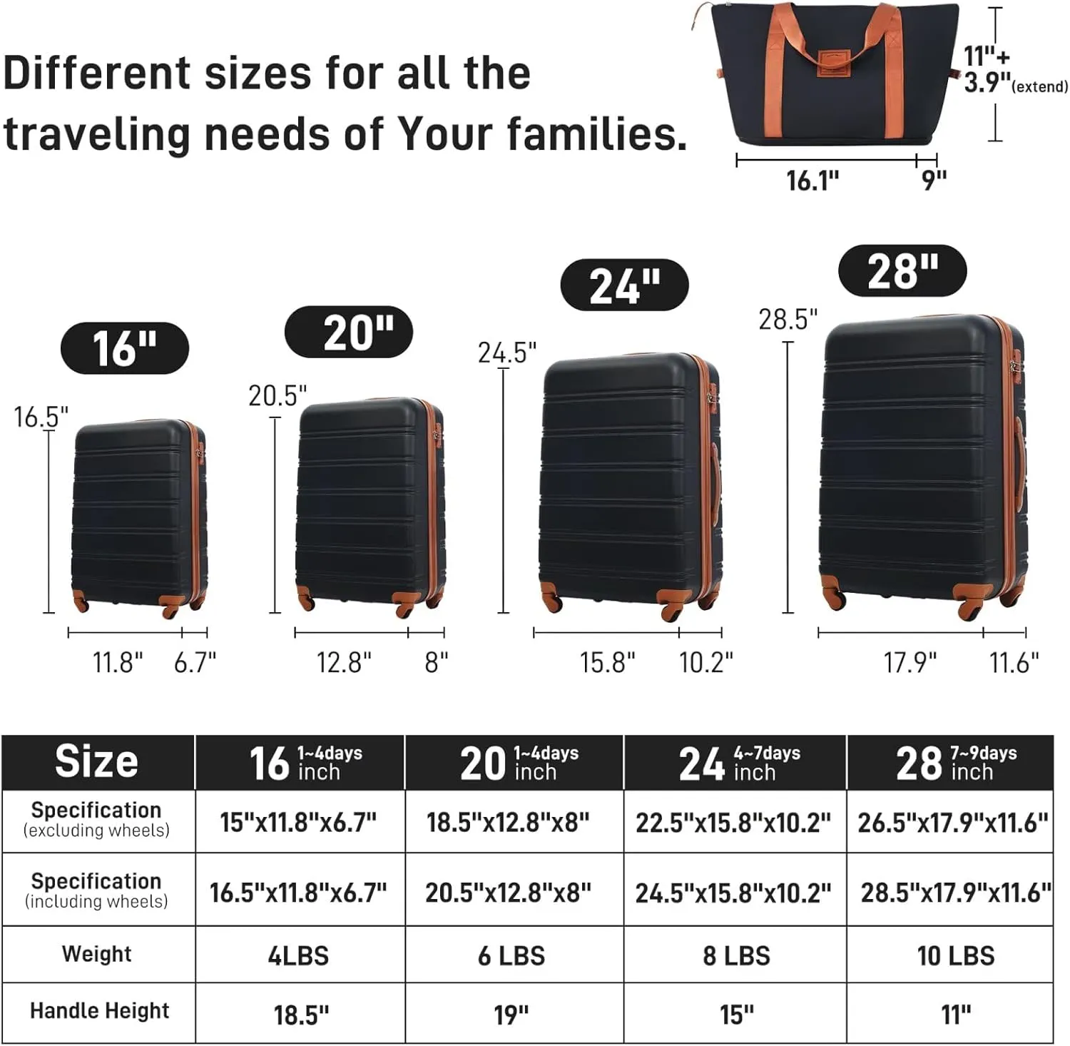 Hardshell Luggage Set of 4 for Extended Travel with Bag Spinner Suitcase, Expandable Carry On Luggage Set with Spinner Wheels Durable ABS Suitcases (Black Brown, 16" 20" 24" 28")
