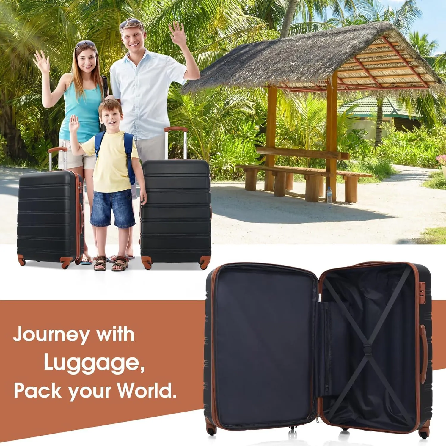 Hardshell Luggage Set of 4 for Extended Travel with Bag Spinner Suitcase, Expandable Carry On Luggage Set with Spinner Wheels Durable ABS Suitcases (Black Brown, 16" 20" 24" 28")