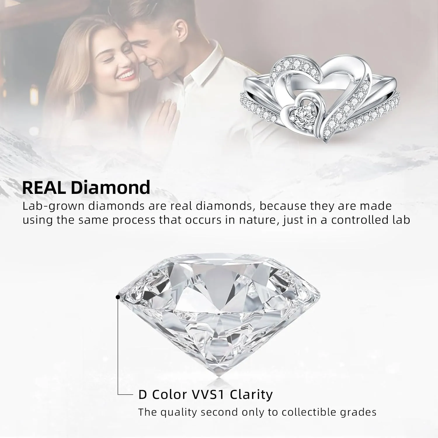Heart Diamond Promise Ring for Women D Color VVS1 Clarity Lab Grown Diamond Ring 18K Gold Plated 925 Sterling Silver