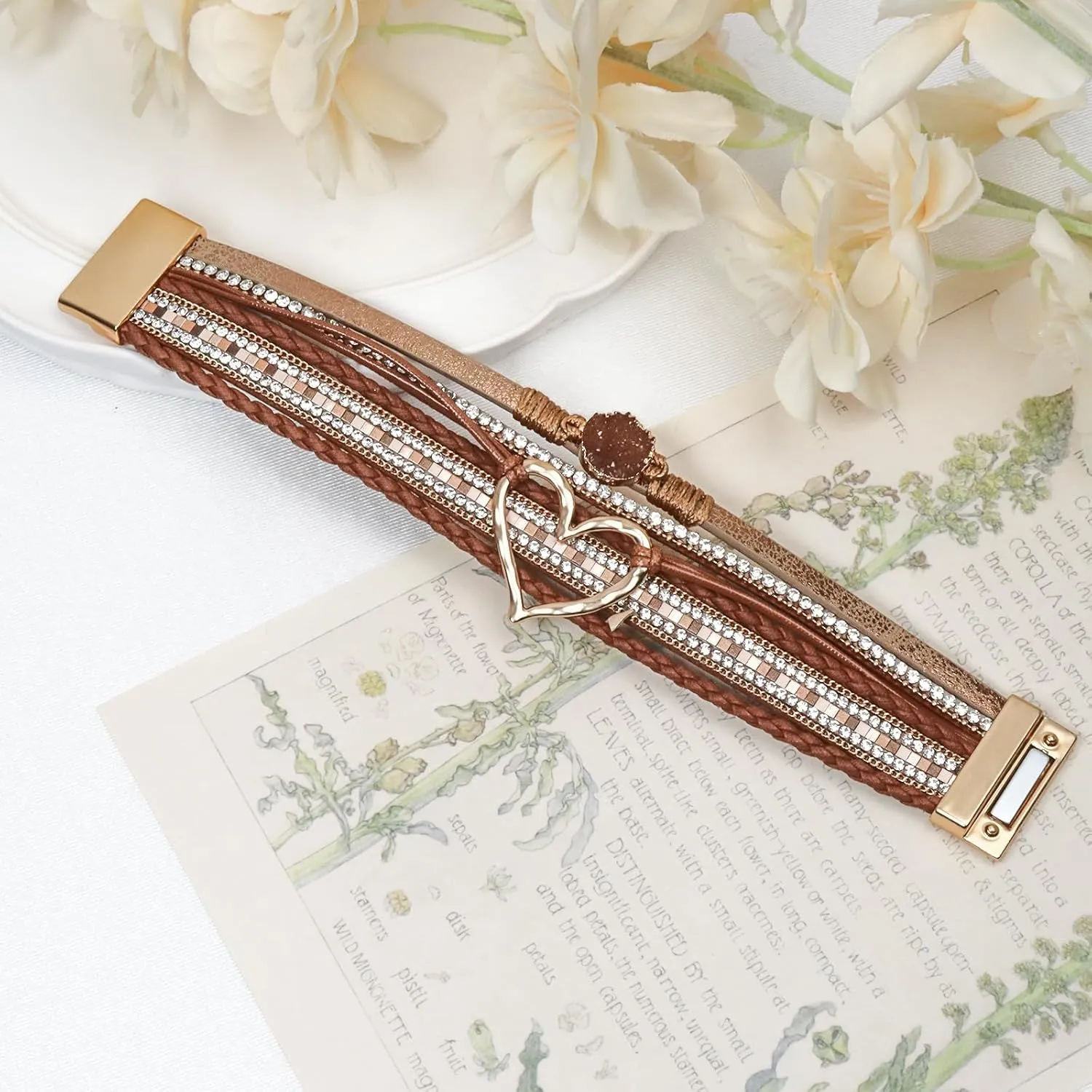 Heart Leather Wrap Bracelet for Women, Boho Cuff Bracelet with Strong Clasp, Rhinestone Multilayer Stackable Bracelet