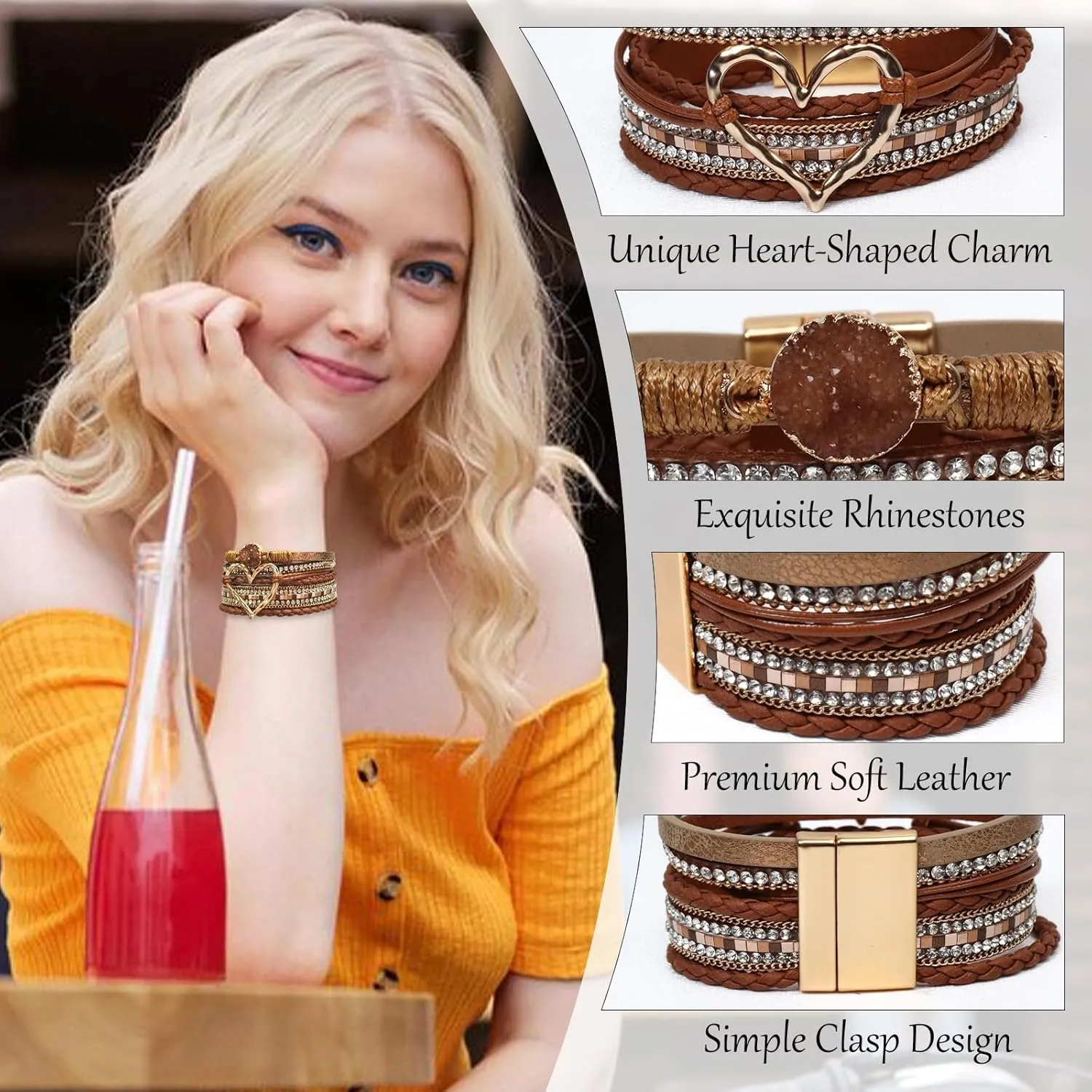 Heart Leather Wrap Bracelet for Women, Boho Cuff Bracelet with Strong Clasp, Rhinestone Multilayer Stackable Bracelet