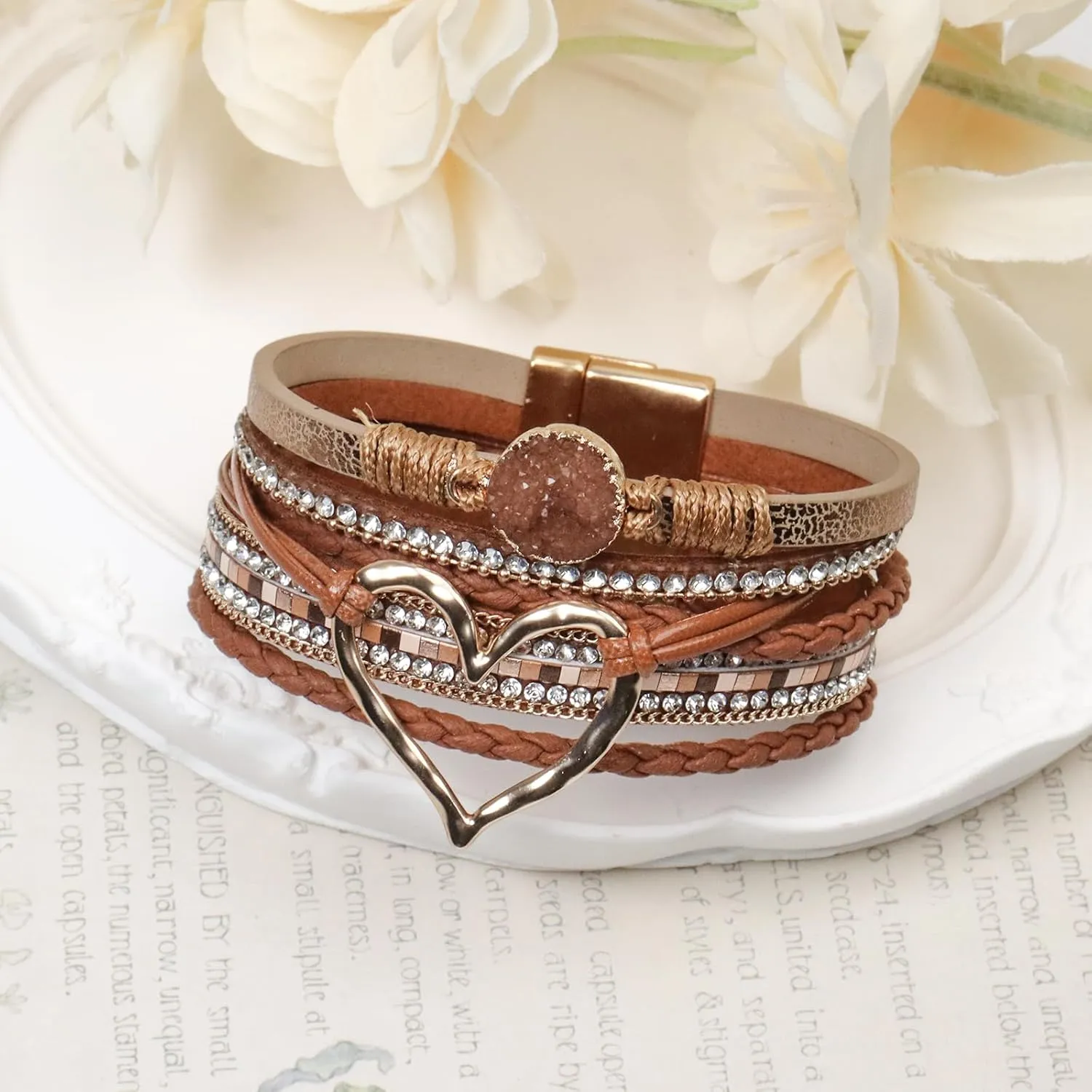 Heart Leather Wrap Bracelet for Women, Boho Cuff Bracelet with Strong Clasp, Rhinestone Multilayer Stackable Bracelet