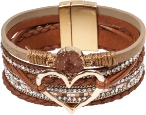 Heart Leather Wrap Bracelet for Women, Boho Cuff Bracelet with Strong Clasp, Rhinestone Multilayer Stackable Bracelet