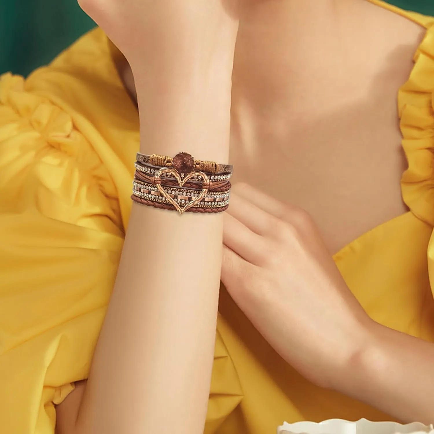 Heart Leather Wrap Bracelet for Women, Boho Cuff Bracelet with Strong Clasp, Rhinestone Multilayer Stackable Bracelet