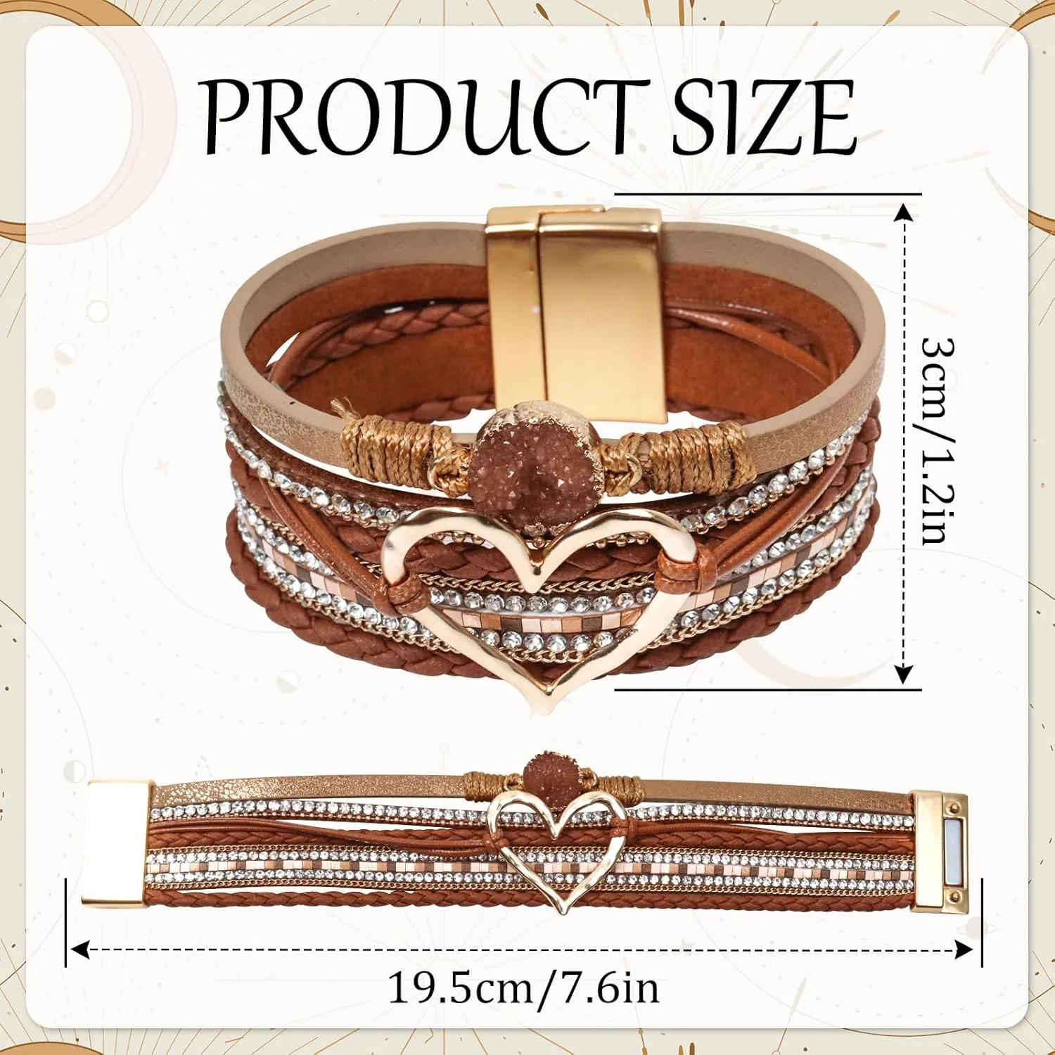 Heart Leather Wrap Bracelet for Women, Boho Cuff Bracelet with Strong Clasp, Rhinestone Multilayer Stackable Bracelet