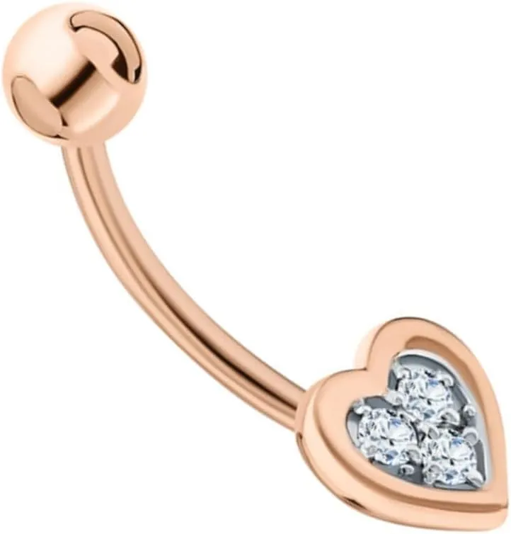 Heart Shaped Non Dangle Belly Ring, 14K Gold Diamond (0.06ct) Belly Button, Navel Piercing, Hot Body Jewelry, Valentine Gift.