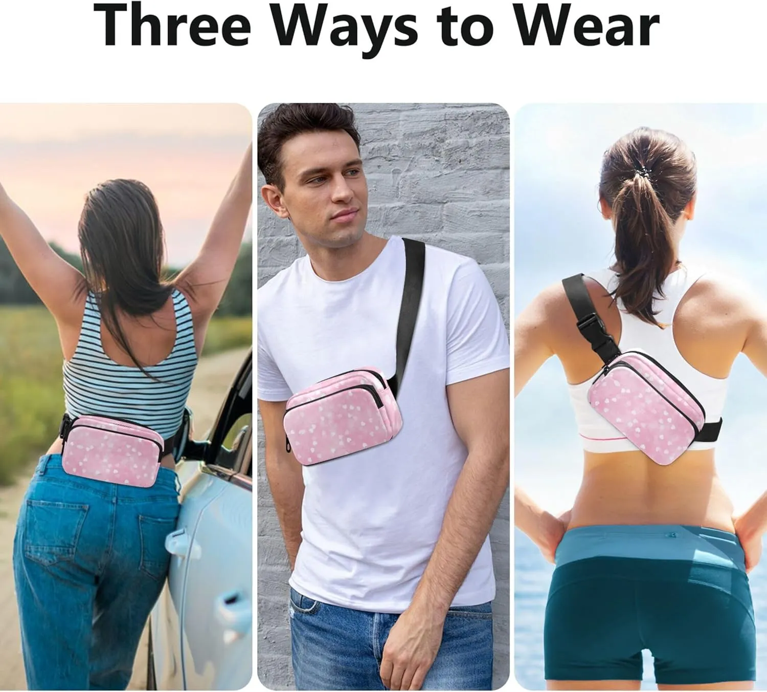 Hearts Cute Watercolor Waterproof Fanny Packs for Women Hip Bag Belt Purse Hiking Cross Body Waist Purse