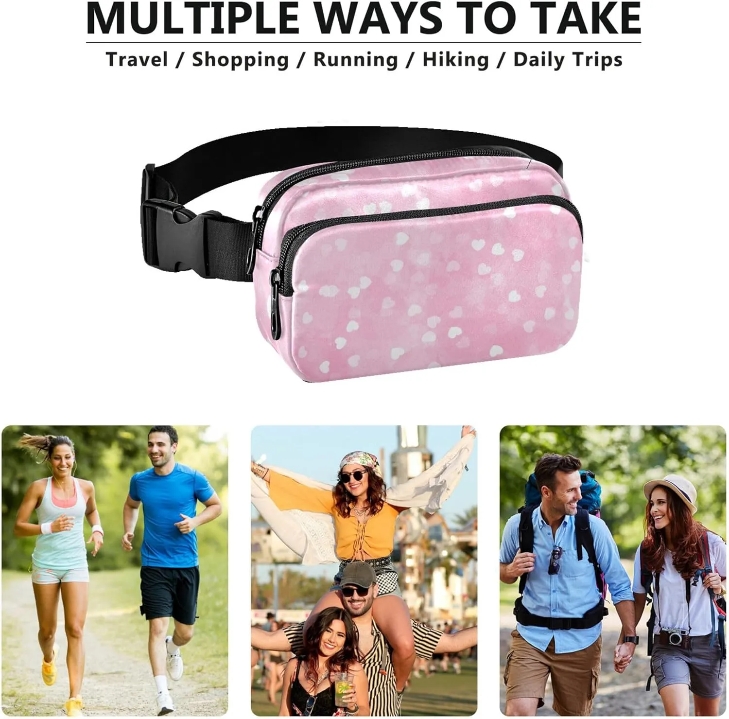 Hearts Cute Watercolor Waterproof Fanny Packs for Women Hip Bag Belt Purse Hiking Cross Body Waist Purse