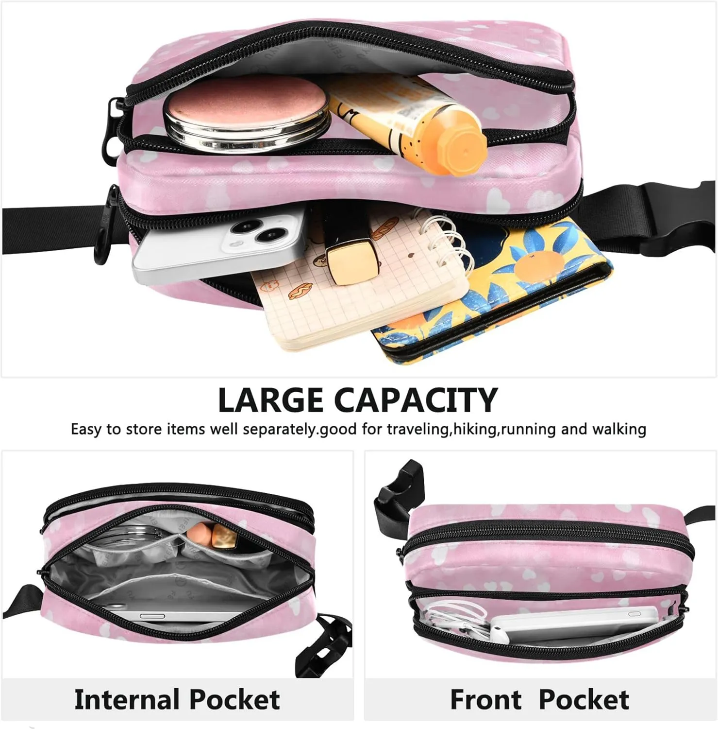Hearts Cute Watercolor Waterproof Fanny Packs for Women Hip Bag Belt Purse Hiking Cross Body Waist Purse