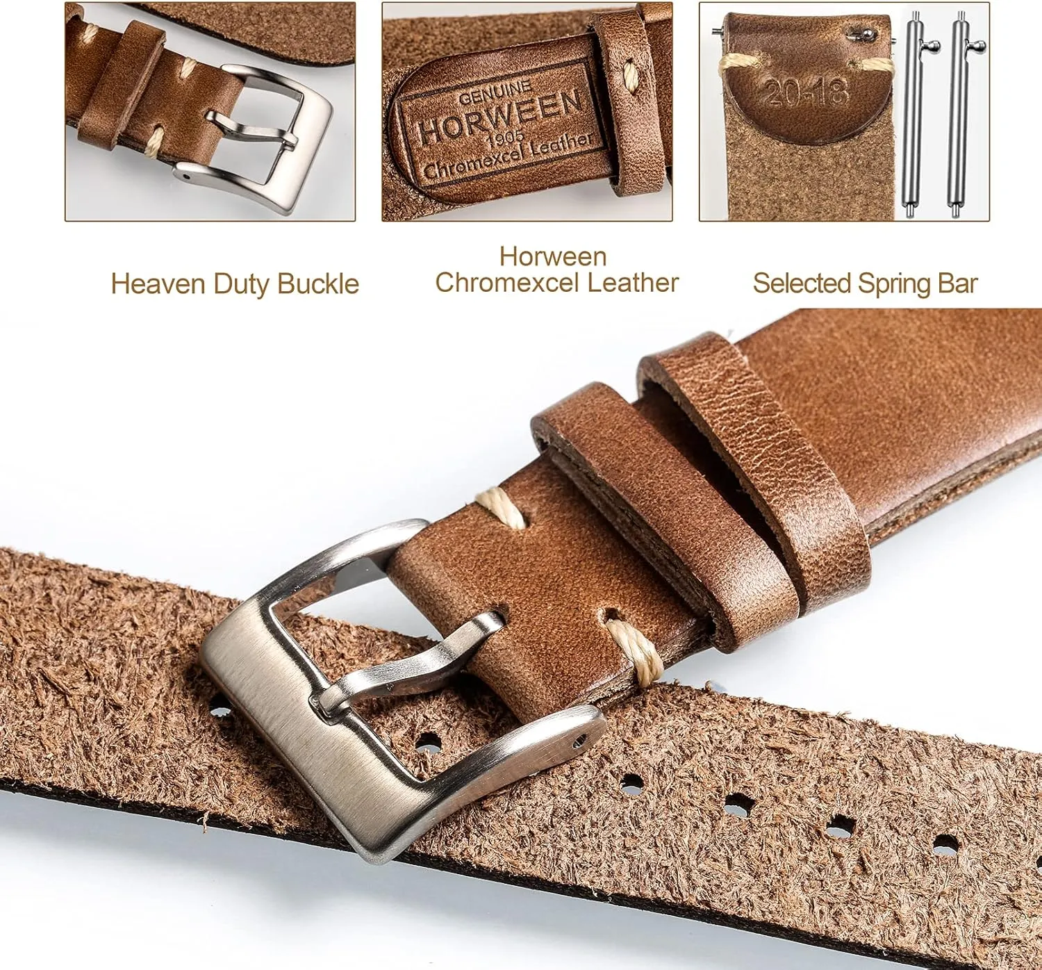 hemsut h Leather Watch Bands for Men, Horween Quick Release Leather Watch Strap Vintage Watch Replacement Wrap of 18mm, 20mm, 22mm