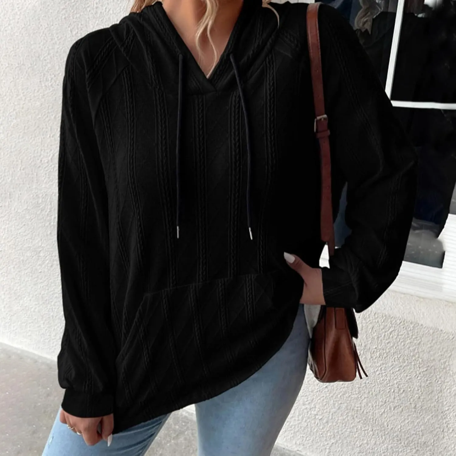 HGps8w Oversized Hoodies for Women Solid Color Casual Drawstring Pullover Sweatshirts Basic Hooded Tops 2025 Fall Fashion