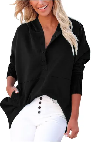 HGps8w Women's Half Button Oversized Hoodies, Casual Long Sleeve Loose Pullover Hooded Sweatshirt Trendy Tunic Blouses