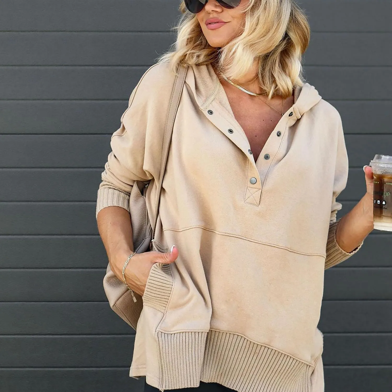HGps8w Women's Half Button Oversized Hoodies, Casual Long Sleeve Loose Pullover Hooded Sweatshirt Trendy Tunic Blouses