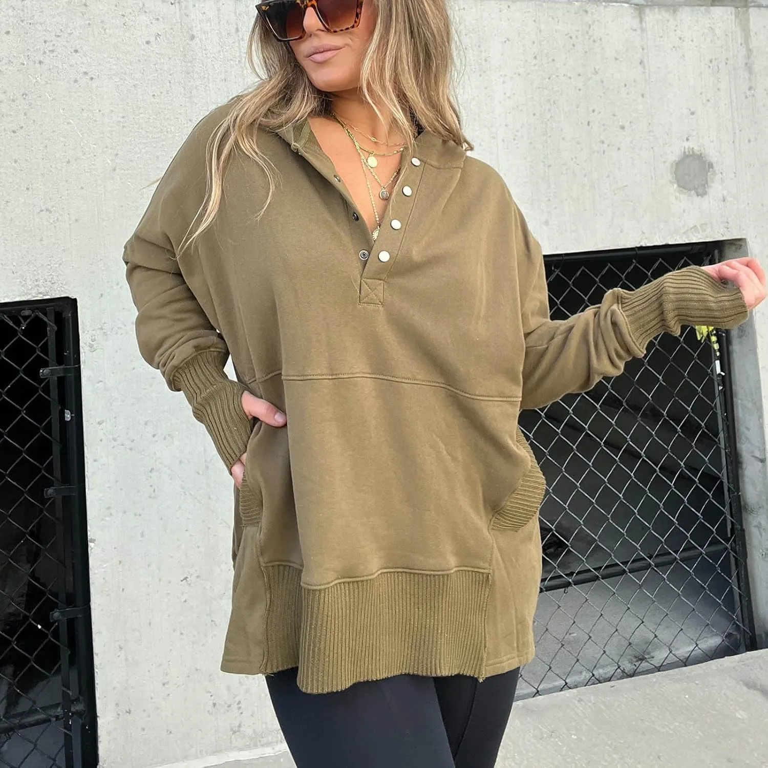 HGps8w Women's Half Button Oversized Hoodies, Casual Long Sleeve Loose Pullover Hooded Sweatshirt Trendy Tunic Blouses