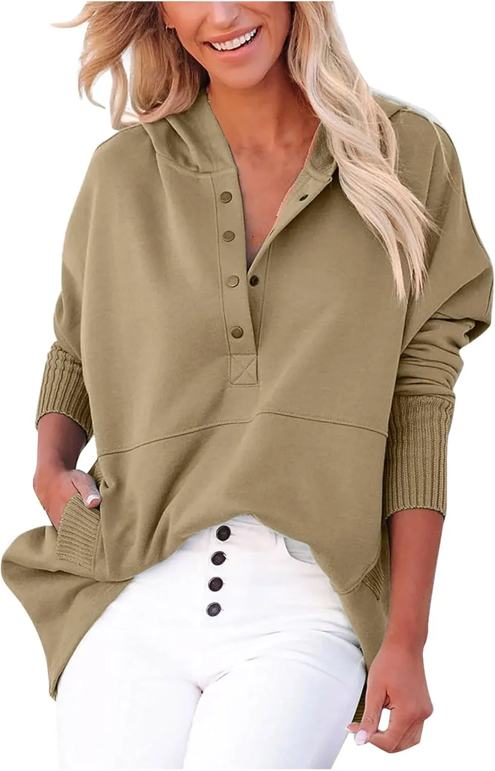 HGps8w Women's Half Button Oversized Hoodies, Casual Long Sleeve Loose Pullover Hooded Sweatshirt Trendy Tunic Blouses
