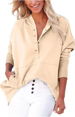 HGps8w Women's Half Button Oversized Hoodies, Casual Long Sleeve Loose Pullover Hooded Sweatshirt Trendy Tunic Blouses