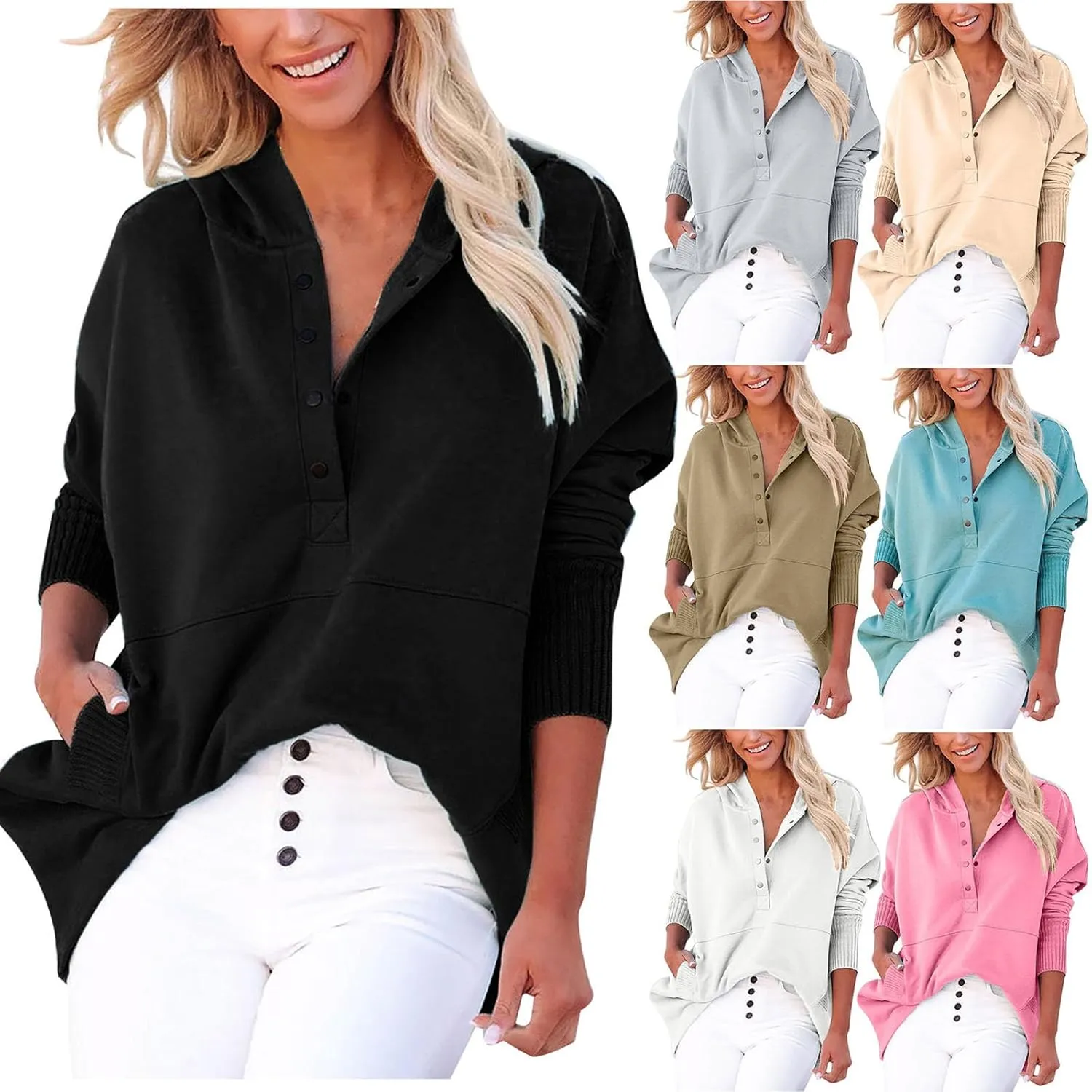HGps8w Women's Half Button Oversized Hoodies, Casual Long Sleeve Loose Pullover Hooded Sweatshirt Trendy Tunic Blouses