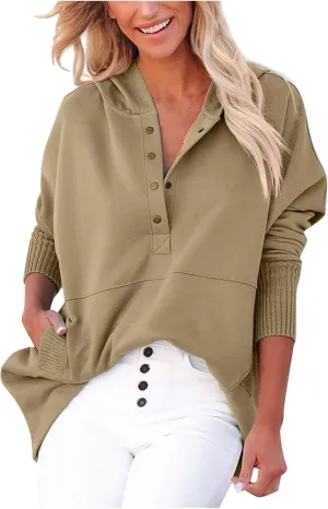 HGps8w Women's Half Button Oversized Hoodies, Casual Long Sleeve Loose Pullover Hooded Sweatshirt Trendy Tunic Blouses