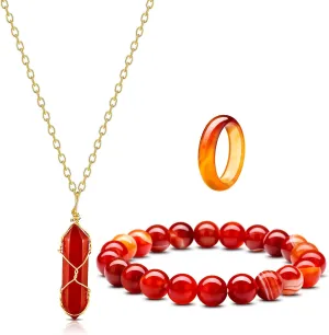 Hicarer Carnelian Crystal Necklace for Women Men Red Carnelian Rings Natural Relieve Anxiety Gemstone Bracelet Crystal Quartz Chakra Gems Stones