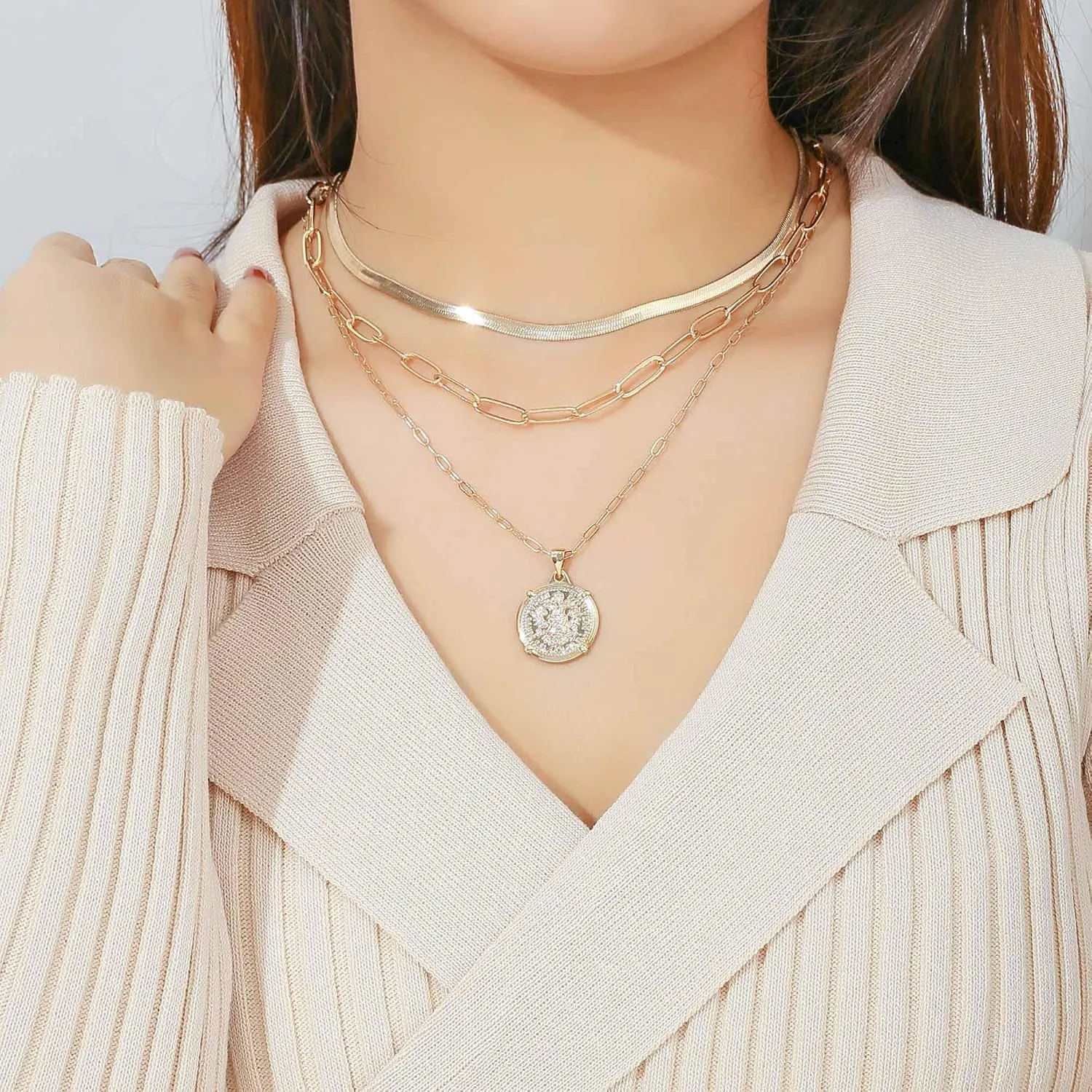 Hidepoo Gold Layered Necklaces for Women, 14K Gold Plated Dainty Coin Pendant Choker Necklace Herringbone Snake Necklace Paperclip Chain Layered Necklaces for Women Jewelry Gifts
