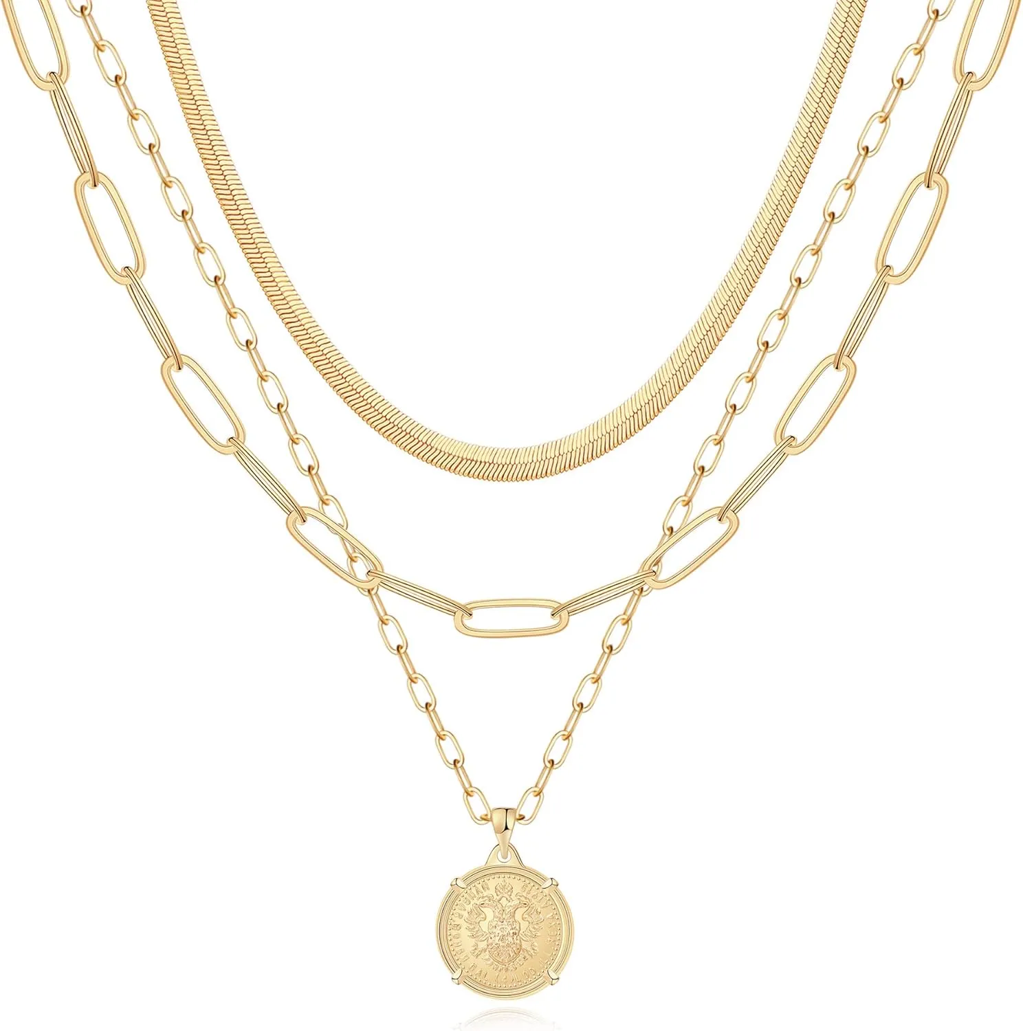 Hidepoo Gold Layered Necklaces for Women, 14K Gold Plated Dainty Coin Pendant Choker Necklace Herringbone Snake Necklace Paperclip Chain Layered Necklaces for Women Jewelry Gifts