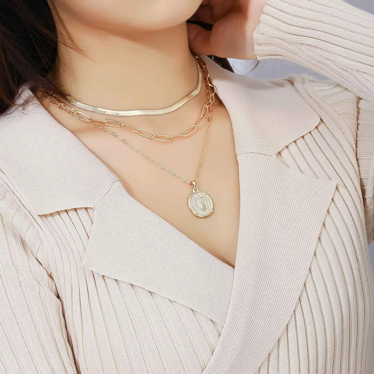 Hidepoo Gold Layered Necklaces for Women, 14K Gold Plated Dainty Coin Pendant Choker Necklace Herringbone Snake Necklace Paperclip Chain Layered Necklaces for Women Jewelry Gifts