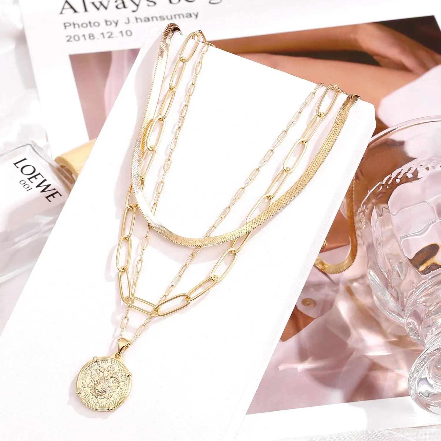 Hidepoo Gold Layered Necklaces for Women, 14K Gold Plated Dainty Coin Pendant Choker Necklace Herringbone Snake Necklace Paperclip Chain Layered Necklaces for Women Jewelry Gifts
