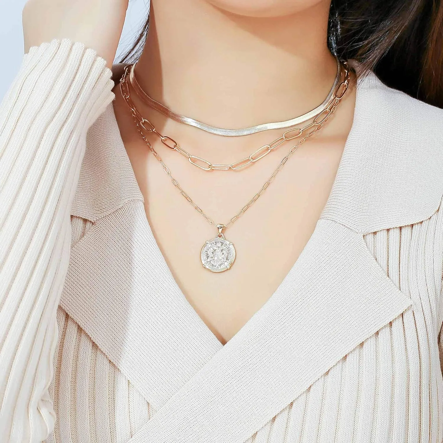 Hidepoo Gold Layered Necklaces for Women, 14K Gold Plated Dainty Coin Pendant Choker Necklace Herringbone Snake Necklace Paperclip Chain Layered Necklaces for Women Jewelry Gifts