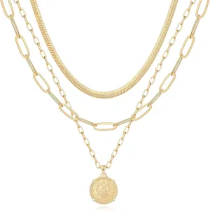 Hidepoo Gold Layered Necklaces for Women, 14K Gold Plated Dainty Coin Pendant Choker Necklace Herringbone Snake Necklace Paperclip Chain Layered Necklaces for Women Jewelry Gifts