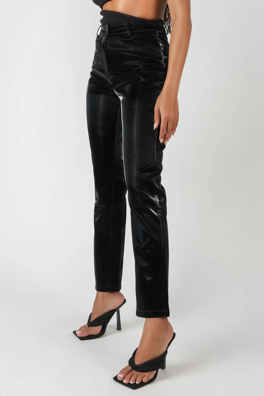High Shine Vinyl Straight Leg Trousers Black