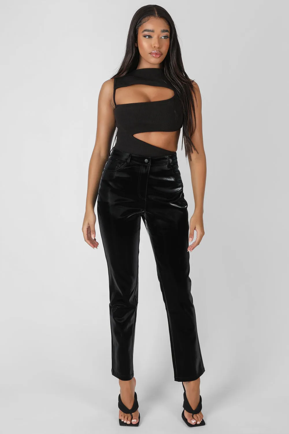 High Shine Vinyl Straight Leg Trousers Black