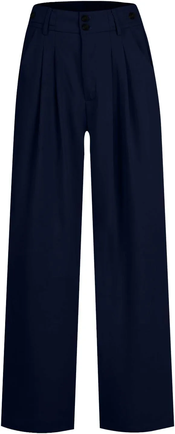 High Waisted Business Casual Pants for Women Office Wide Leg Work Trousers Pull On Slacks Button Down Pleated Pants