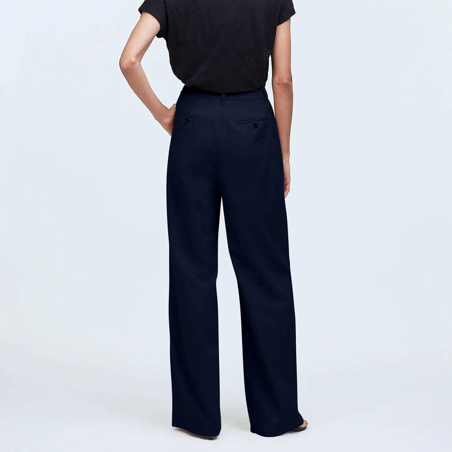 High Waisted Business Casual Pants for Women Office Wide Leg Work Trousers Pull On Slacks Button Down Pleated Pants