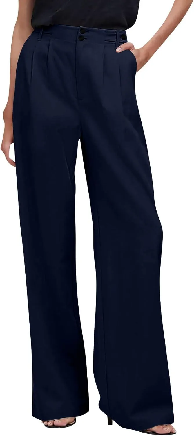 High Waisted Business Casual Pants for Women Office Wide Leg Work Trousers Pull On Slacks Button Down Pleated Pants