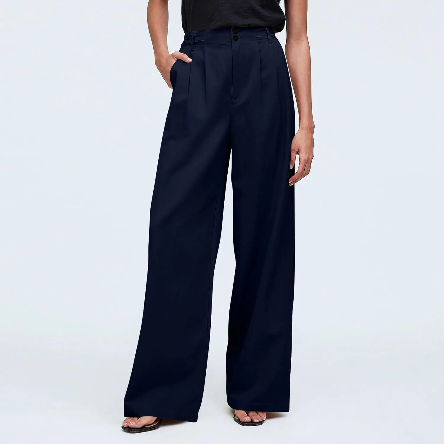 High Waisted Business Casual Pants for Women Office Wide Leg Work Trousers Pull On Slacks Button Down Pleated Pants