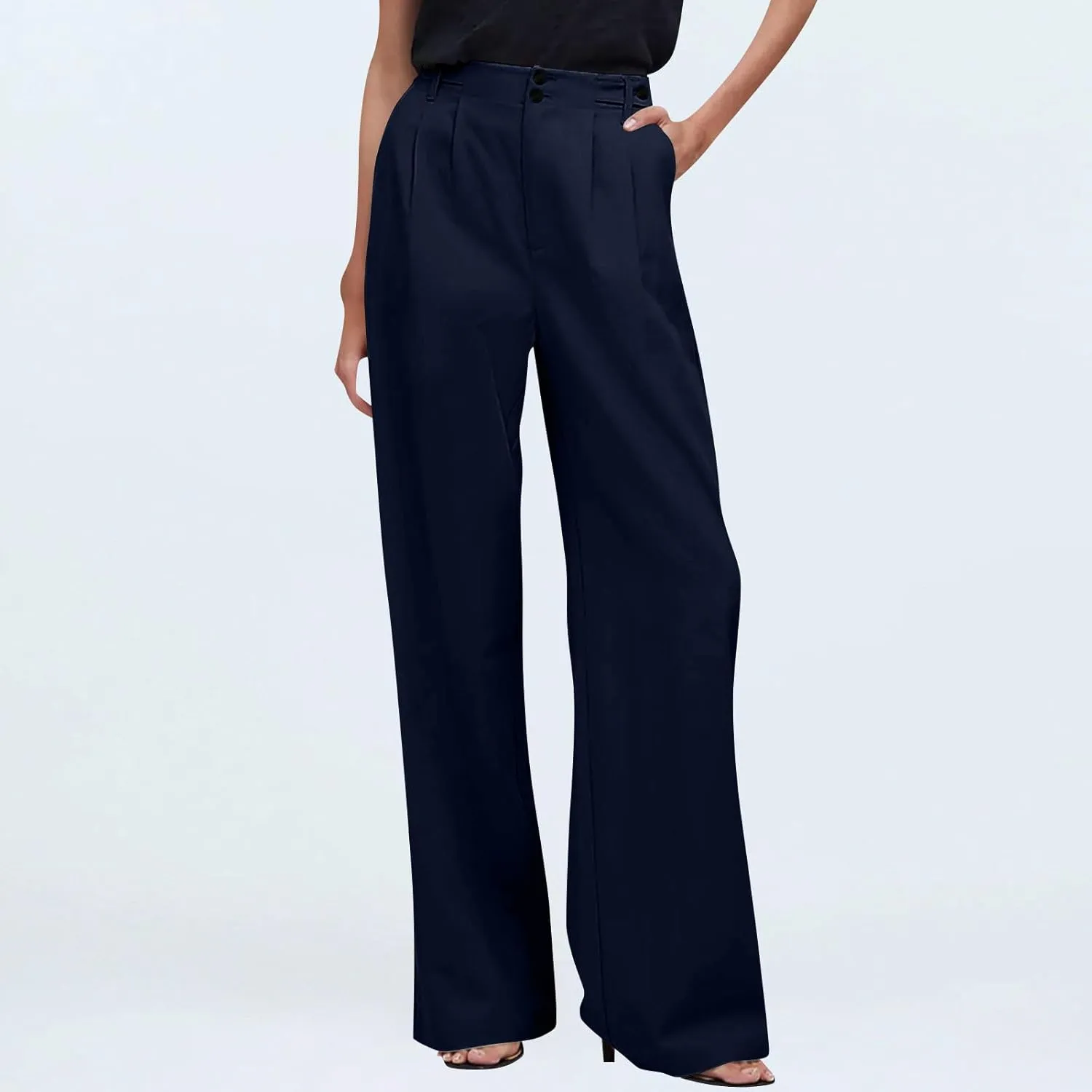 High Waisted Business Casual Pants for Women Office Wide Leg Work Trousers Pull On Slacks Button Down Pleated Pants