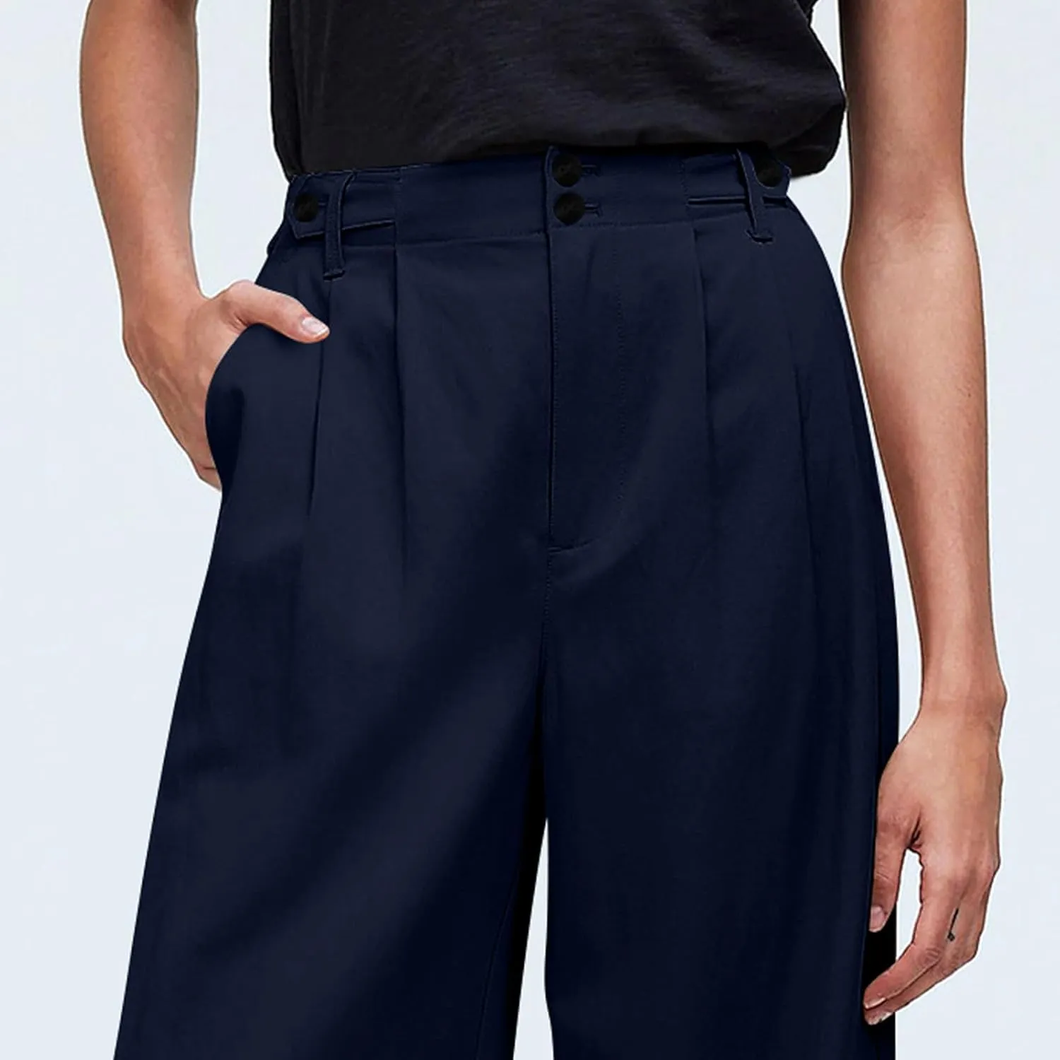 High Waisted Business Casual Pants for Women Office Wide Leg Work Trousers Pull On Slacks Button Down Pleated Pants