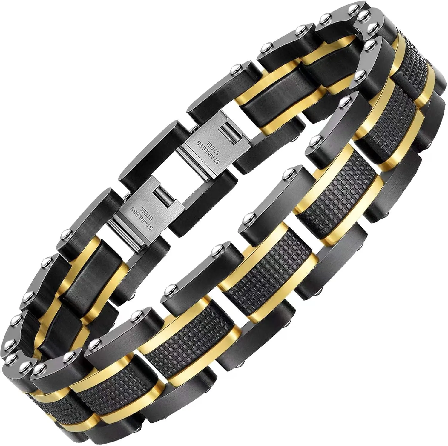 Holizaly Men's Stainless Steel Two Tone Square Link Bracelet, Black and Blue Ion Plated Black