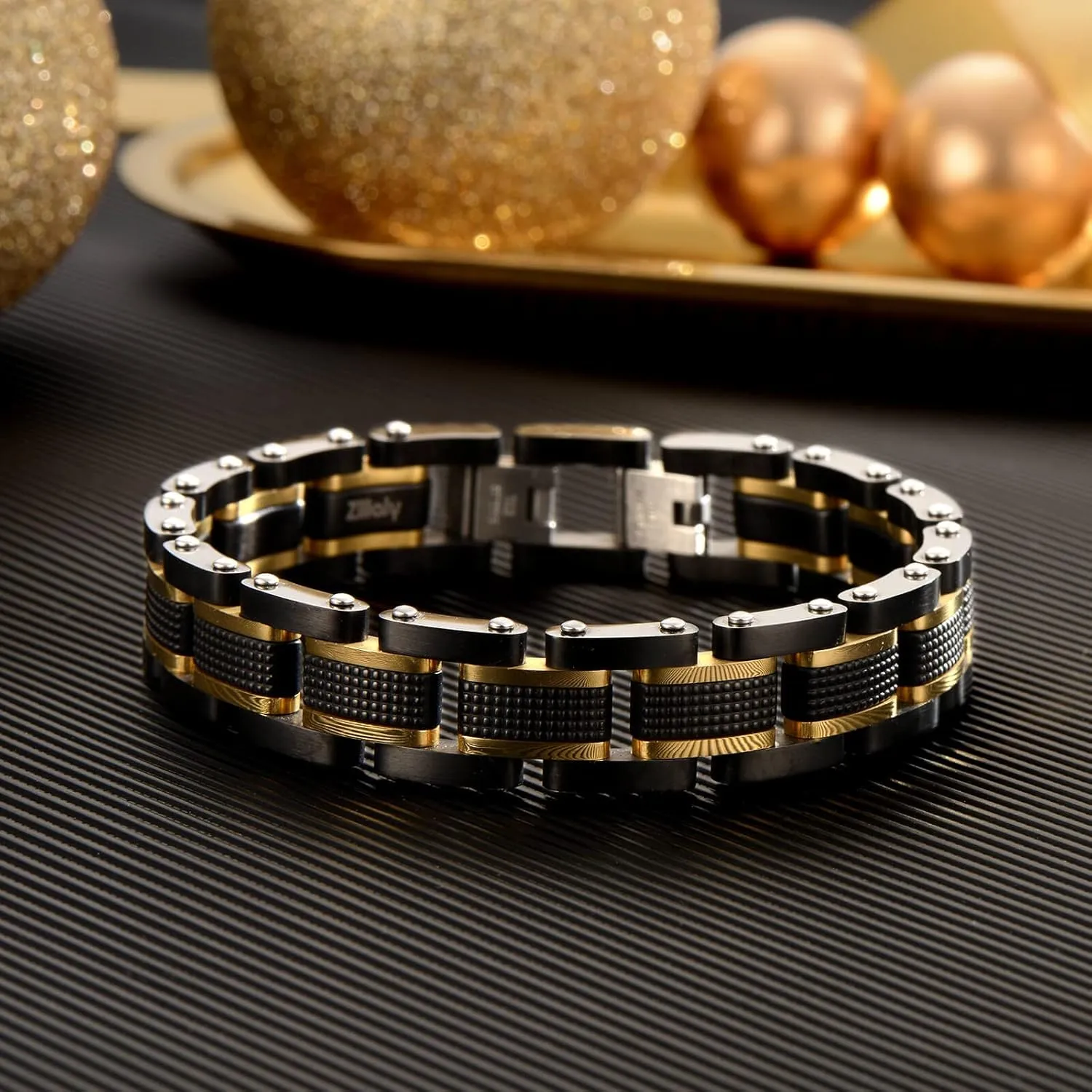 Holizaly Men's Stainless Steel Two Tone Square Link Bracelet, Black and Blue Ion Plated Black