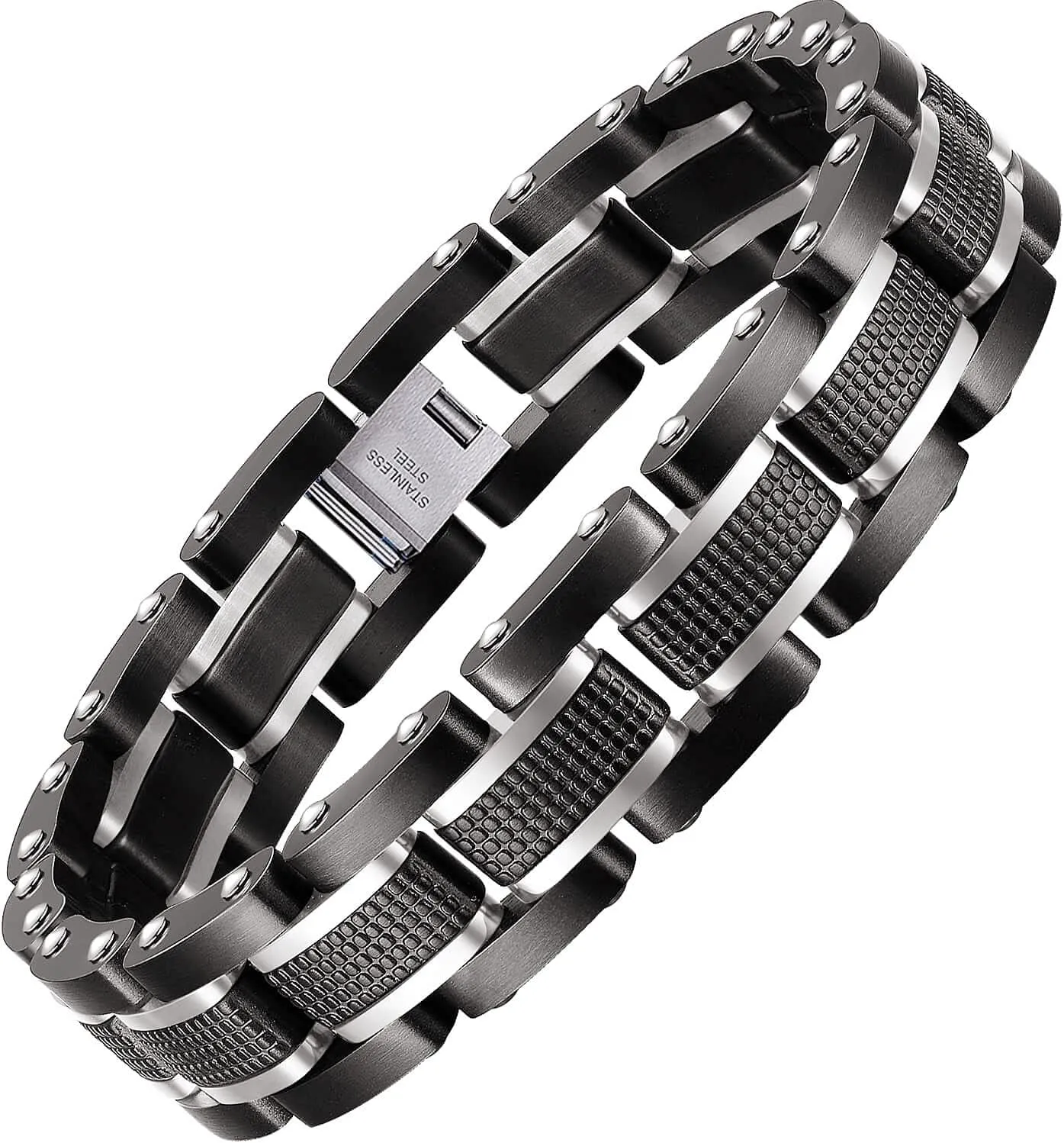 Holizaly Men's Stainless Steel Two Tone Square Link Bracelet, Black and Blue Ion Plated Black