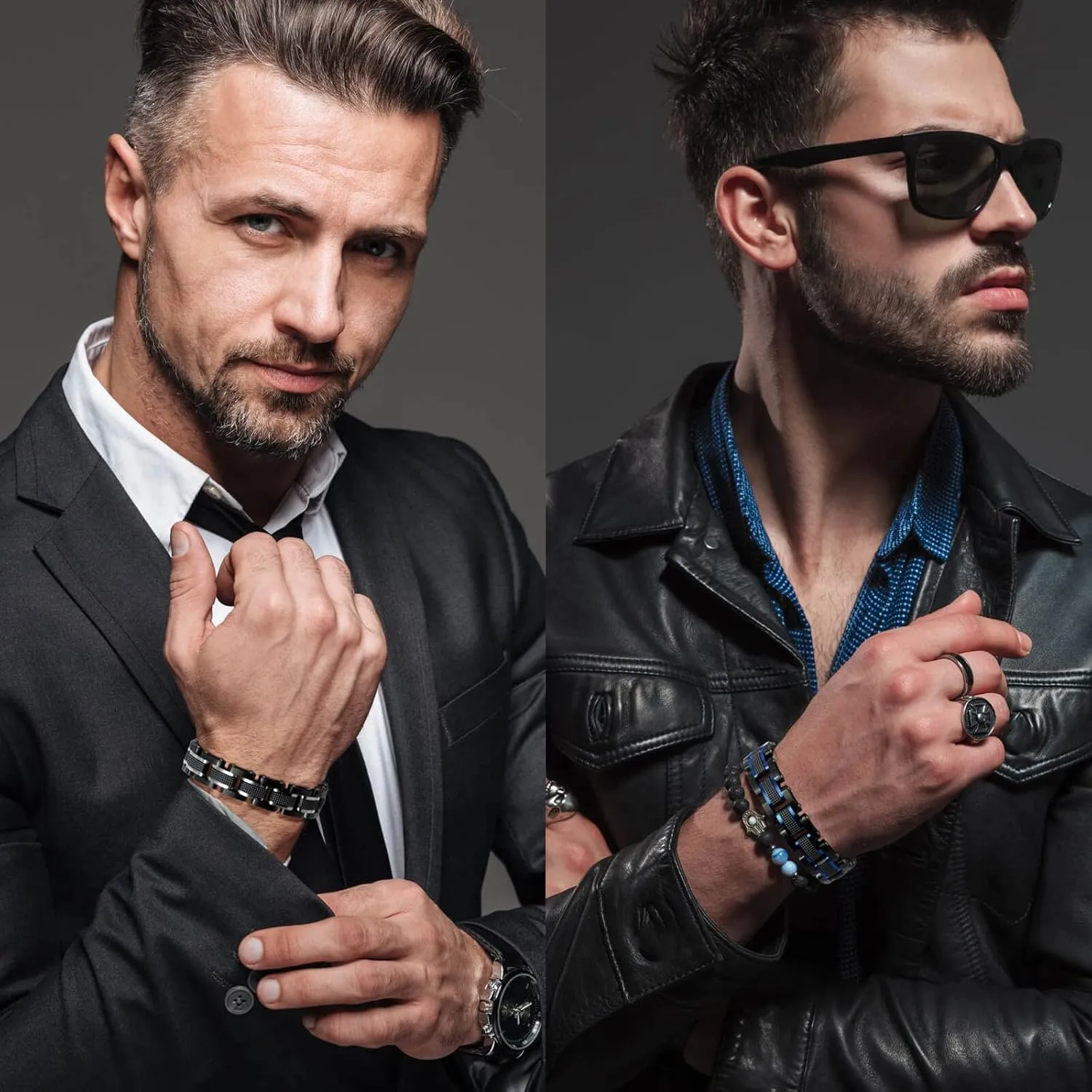 Holizaly Men's Stainless Steel Two Tone Square Link Bracelet, Black and Blue Ion Plated Black