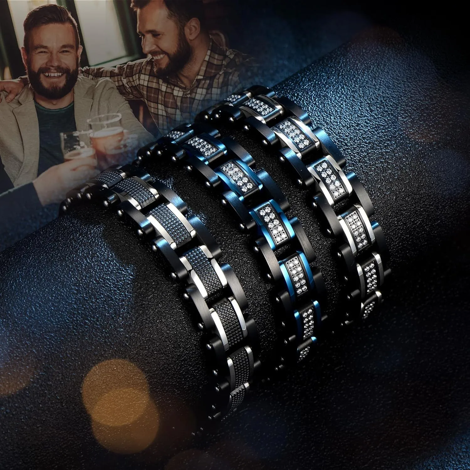 Holizaly Men's Stainless Steel Two Tone Square Link Bracelet, Black and Blue Ion Plated Black