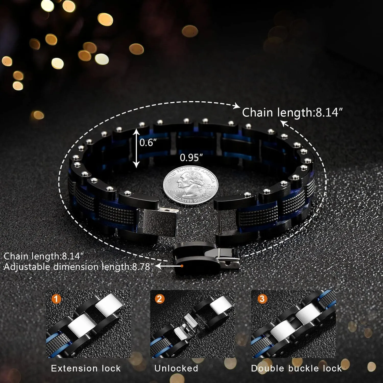 Holizaly Men's Stainless Steel Two Tone Square Link Bracelet, Black and Blue Ion Plated Black