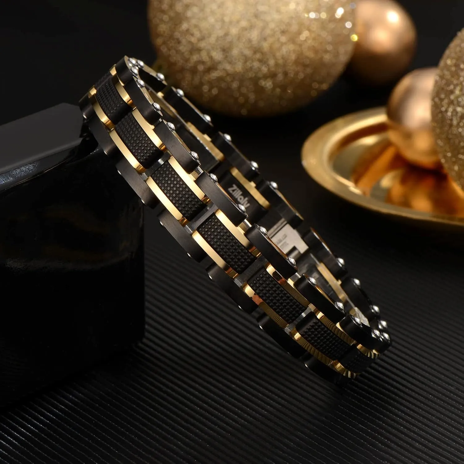 Holizaly Men's Stainless Steel Two Tone Square Link Bracelet, Black and Blue Ion Plated Black