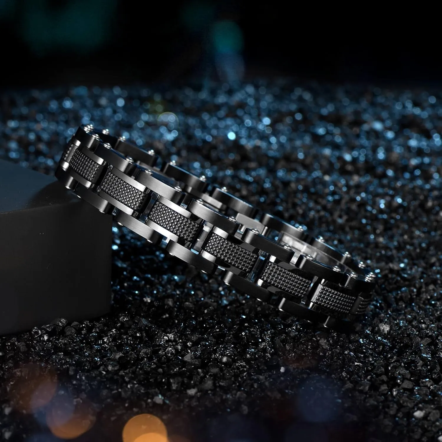 Holizaly Men's Stainless Steel Two Tone Square Link Bracelet, Black and Blue Ion Plated Black